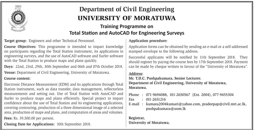 Training Programme on Total Station & AutoCAD for Engineering Surveys - Department of Civil Engineering - University of Moratuwa